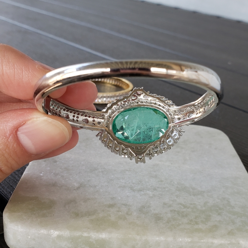 Real natural green blue tourmaline gemstone platinum plated bangle bracelet - Picture 6 of 6